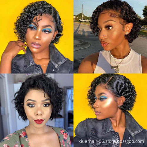 Perruque 13X4 Lace Front Virgin Human Hair Glueless Peruvian Bob Curls Pixie Cut Short Full Lace Wig With Baby Hair